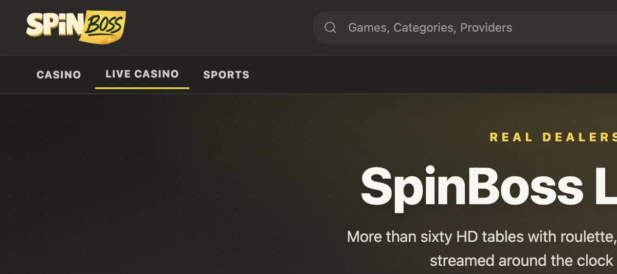 Pagina del casinò live di SpinBoss (interfaccia inglese), catturata su spinboss.live, 7 settembre 2026